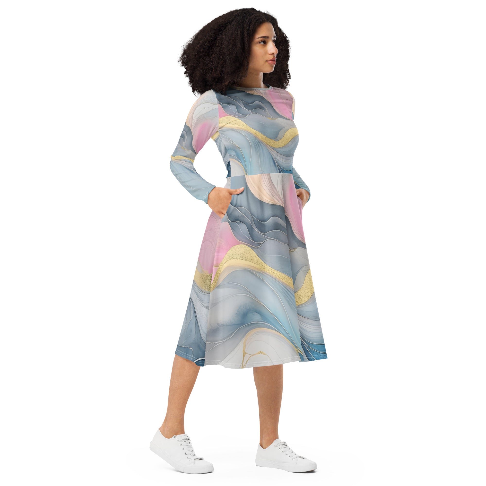 Womens Long Sleeve Midi Dress in Marble Cloud of Grey Pink Blue, featuring a fitted waist, flared bottom, and side pockets.