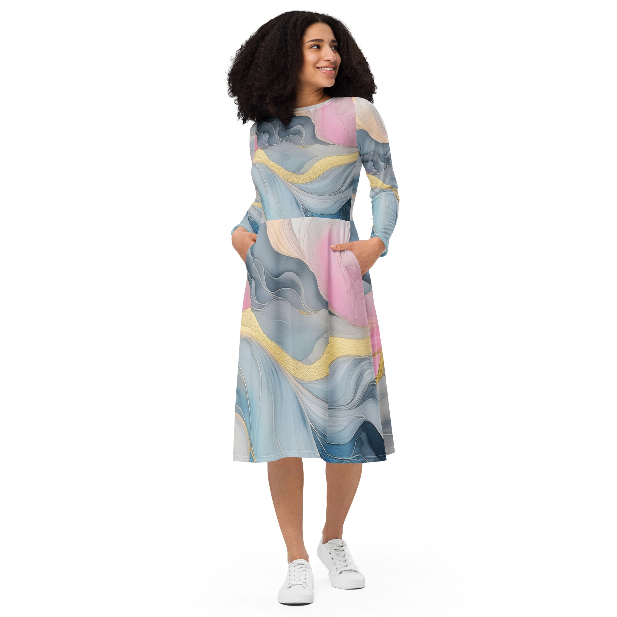 Womens Long Sleeve Midi Dress in Marble Cloud of Grey Pink Blue, featuring a fitted waist, flared bottom, and side pockets.