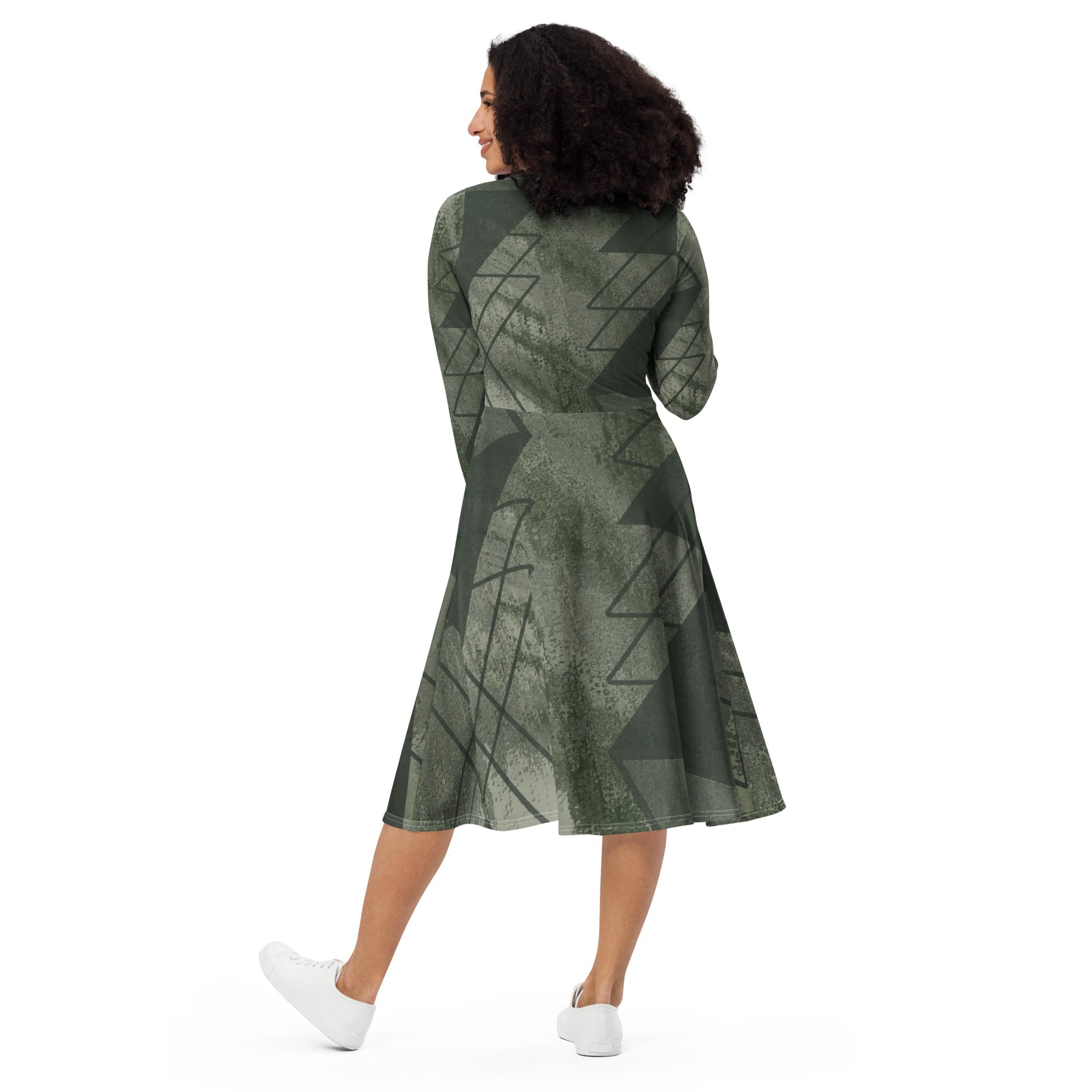 Womens Long Sleeve Midi Dress in Olive Green with Triangular Colorblock design, featuring a fitted waist, flared bottom, and side pockets.