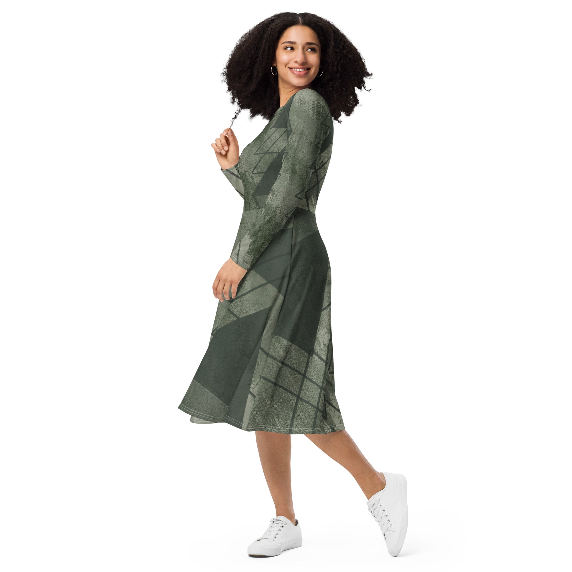 Womens Long Sleeve Midi Dress in Olive Green with Triangular Colorblock design, featuring a fitted waist, flared bottom, and side pockets.