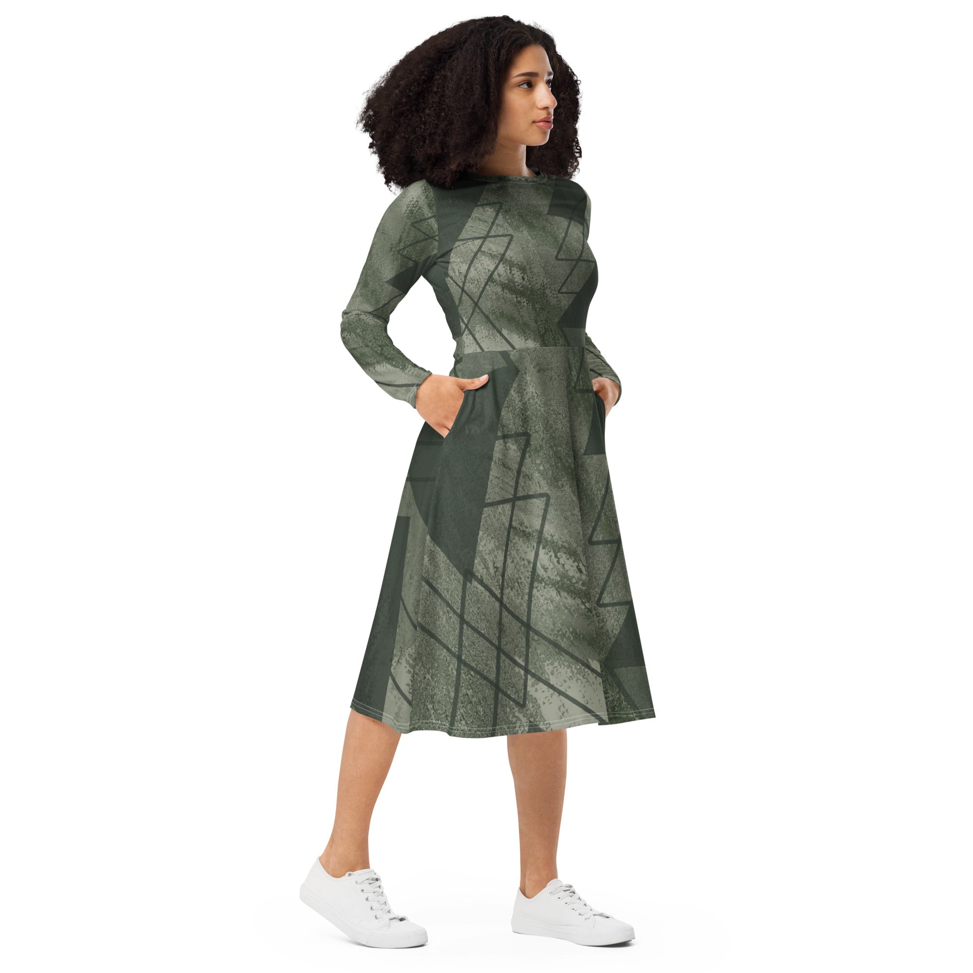 Womens Long Sleeve Midi Dress in Olive Green with Triangular Colorblock design, featuring a fitted waist, flared bottom, and side pockets.