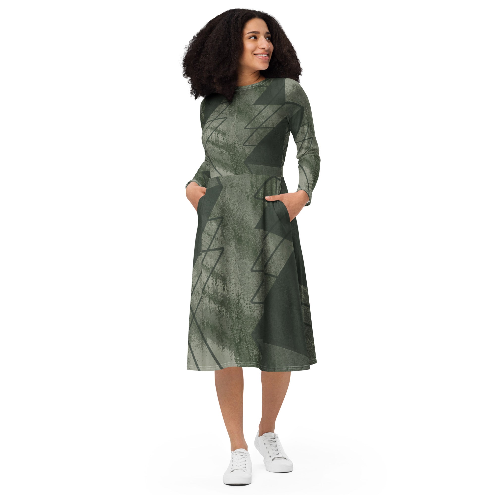 Womens Long Sleeve Midi Dress in Olive Green with Triangular Colorblock design, featuring a fitted waist, flared bottom, and side pockets.