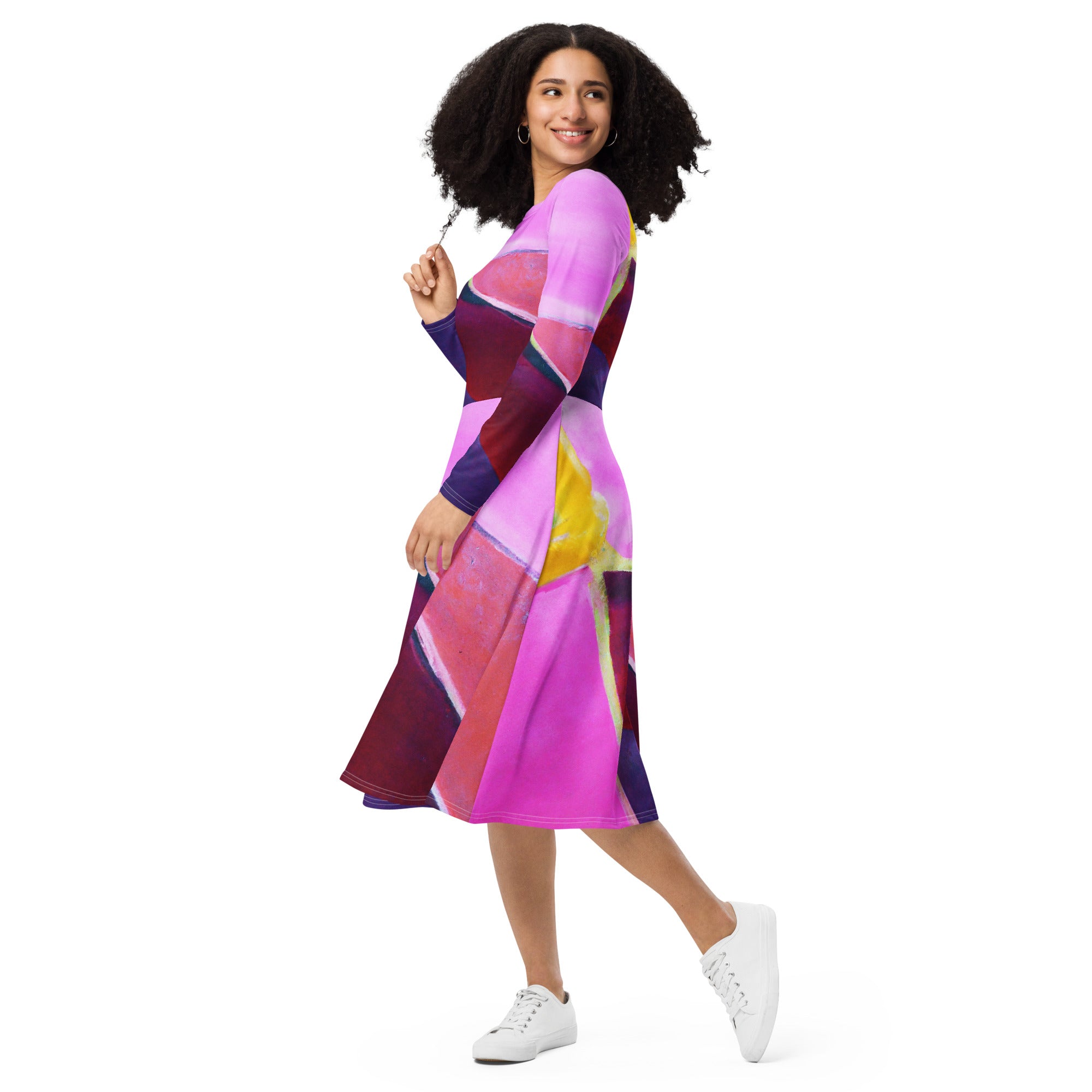 Womens Long Sleeve Midi Dress featuring a pink and purple pattern, showcasing a fitted waist, flared bottom, and side pockets.