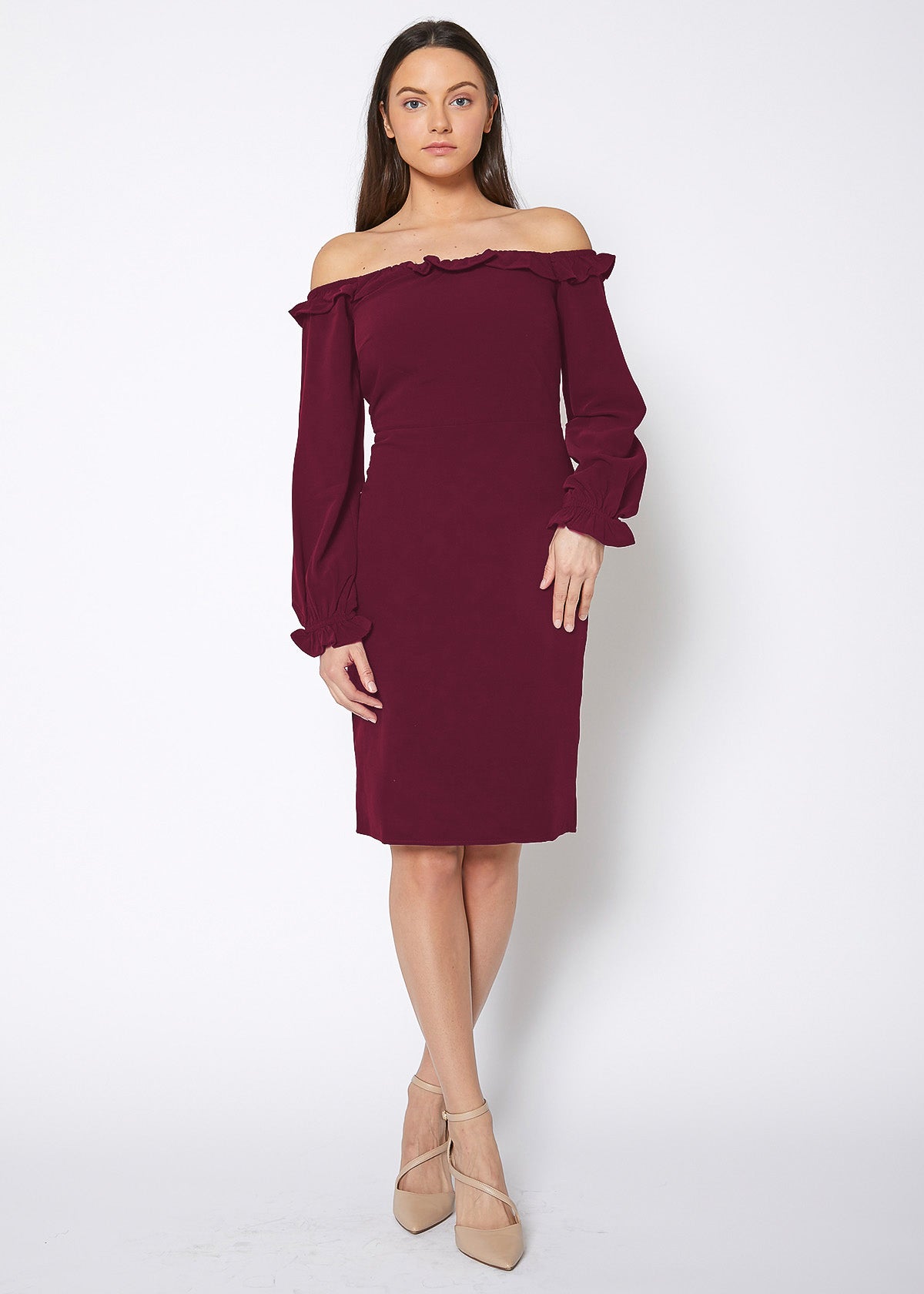 A stylish red off shoulder bodycon dress for women, showcasing a fitted silhouette and elegant design.