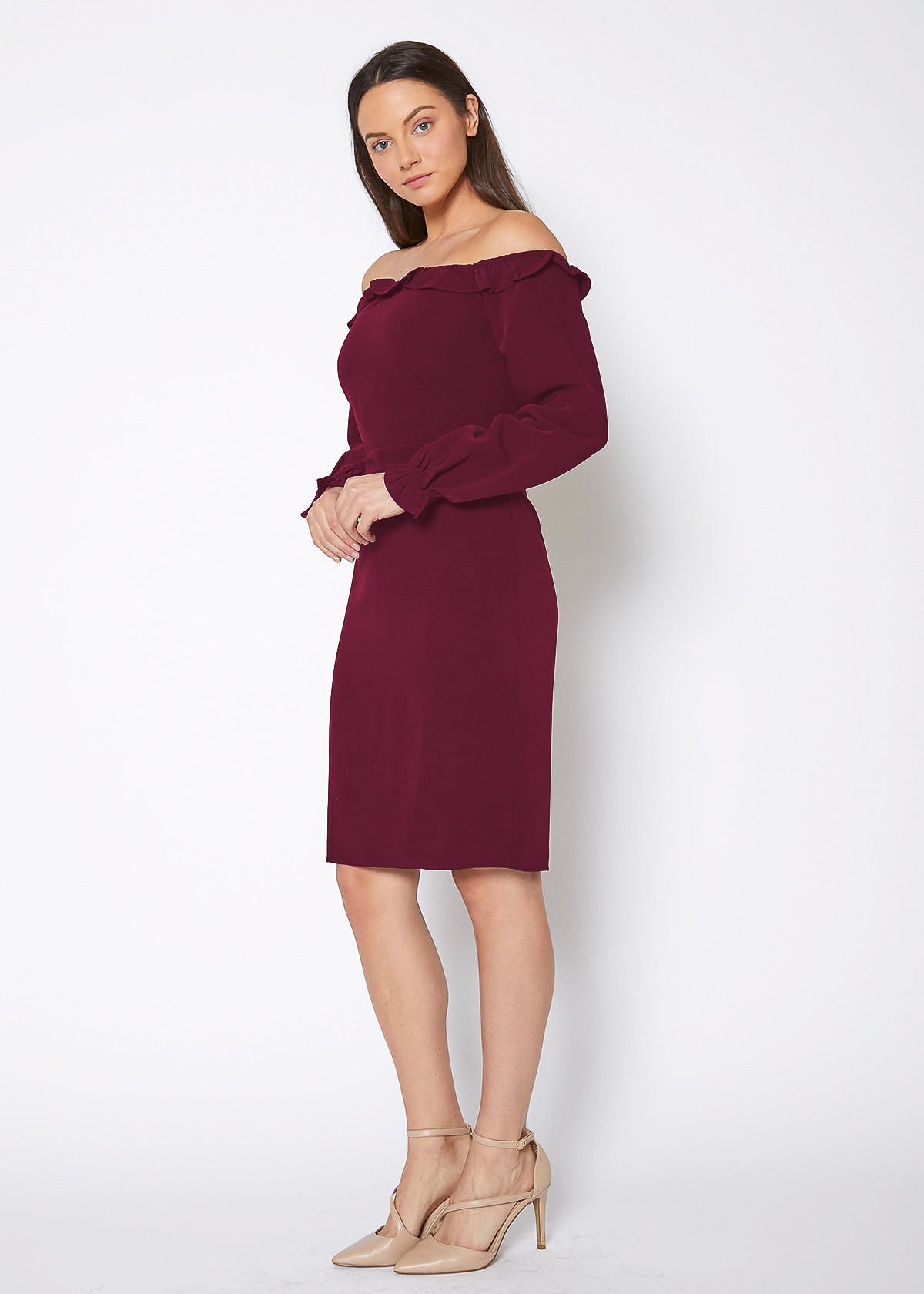 A stylish red off shoulder bodycon dress for women, showcasing a fitted silhouette and elegant design.