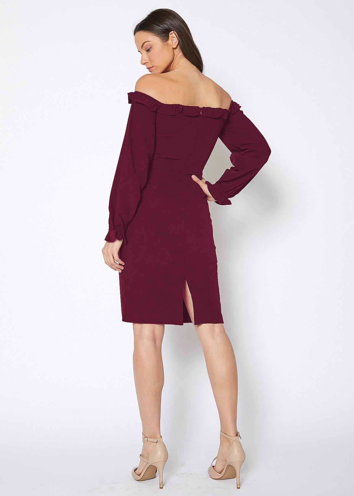 A stylish red off shoulder bodycon dress for women, showcasing a fitted silhouette and elegant design.