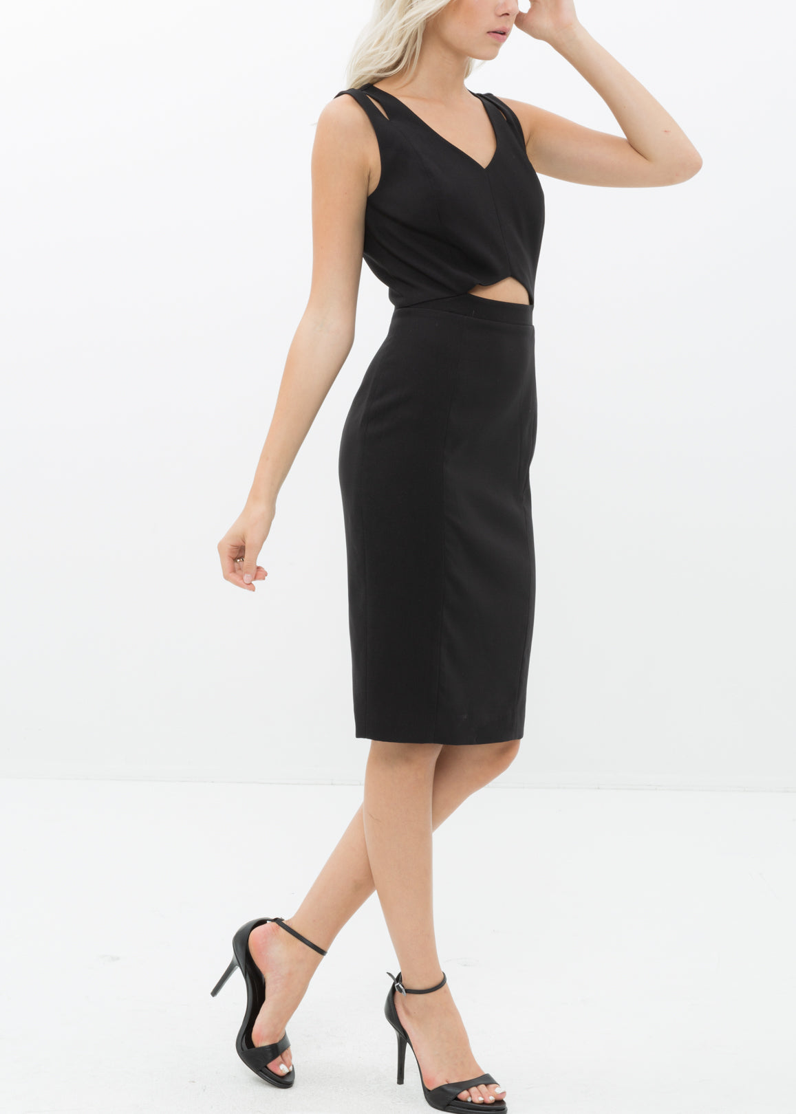 Women's black midi dress featuring a keyhole front design and double back zipper closure, perfect for various occasions.