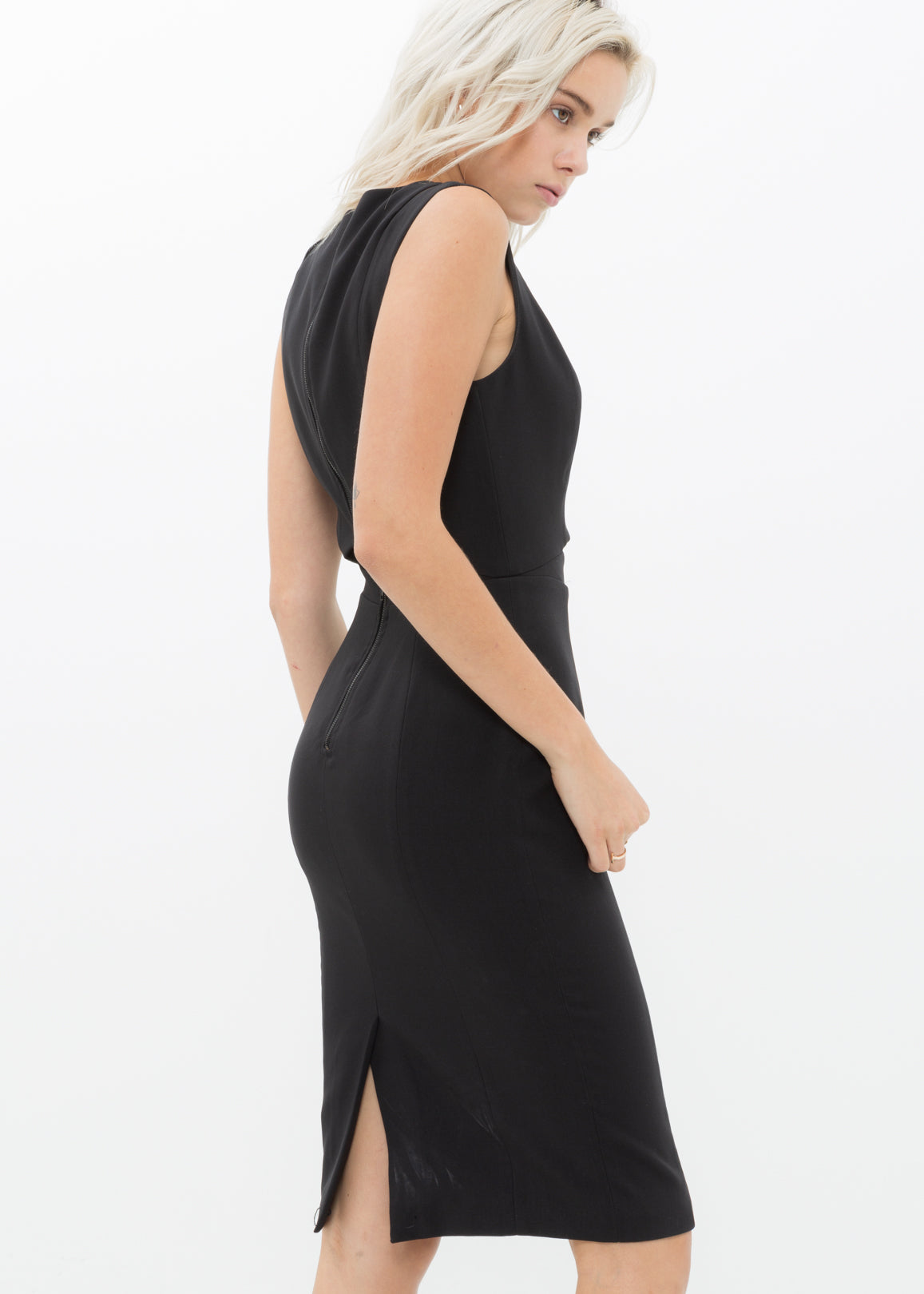 Women's black midi dress featuring a keyhole front design and double back zipper closure, perfect for various occasions.