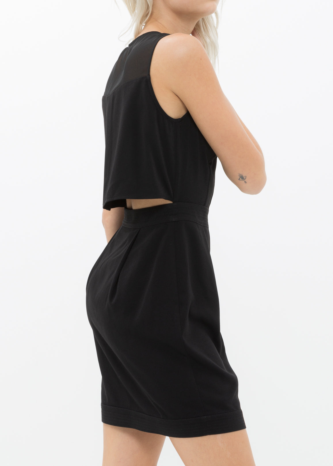 A stylish women's sleeveless dress featuring a sheer mesh front and a convenient zipper closure, perfect for various occasions.