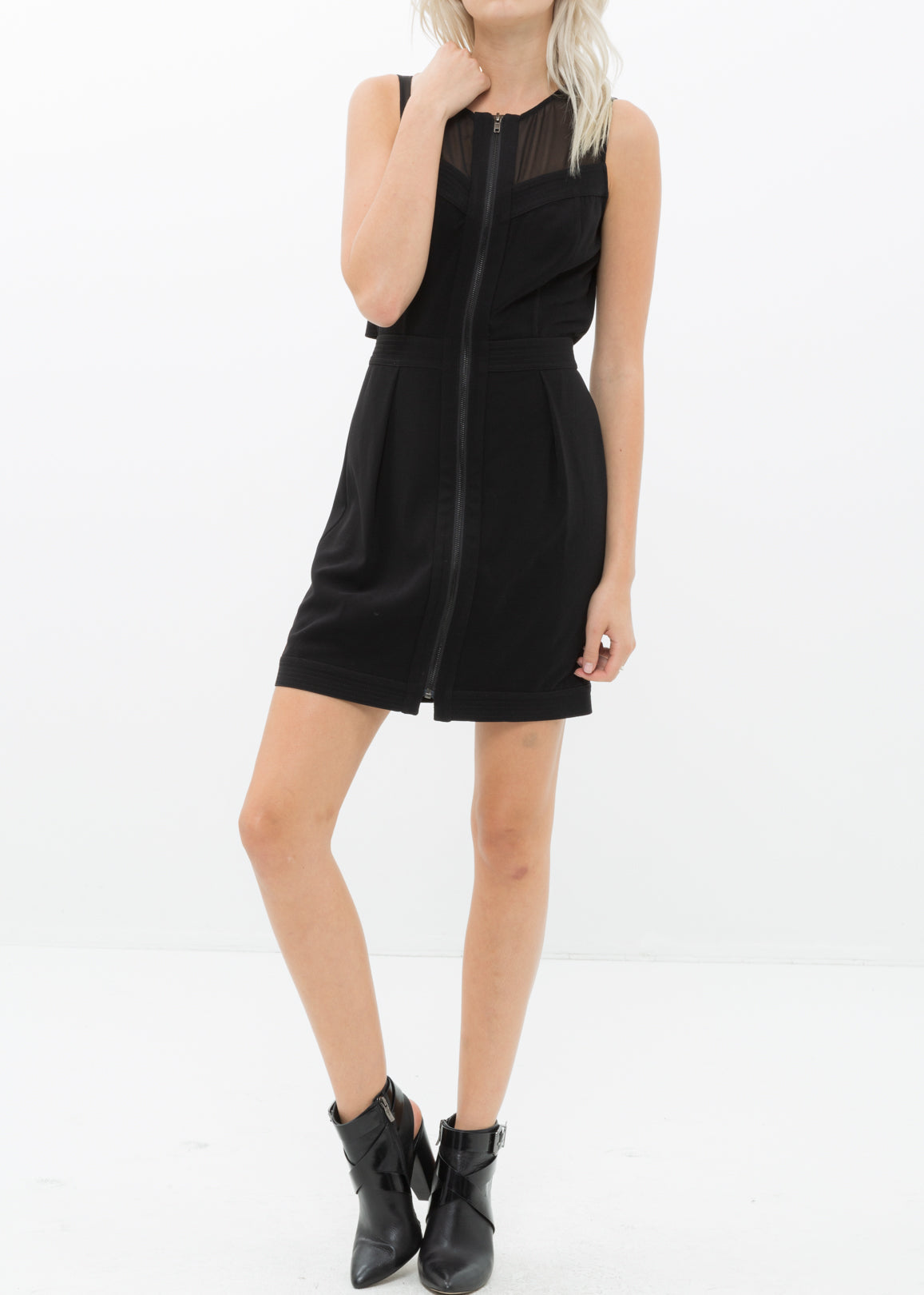 A stylish women's sleeveless dress featuring a sheer mesh front and a convenient zipper closure, perfect for various occasions.