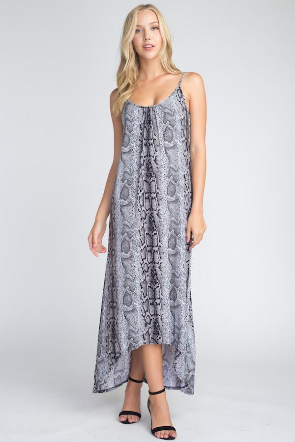 A stylish Women's Snakeskin Print Maxi Tank Dress featuring a trendy snakeskin pattern, flowing fabric, and a comfortable tank top design, perfect for summer outings.