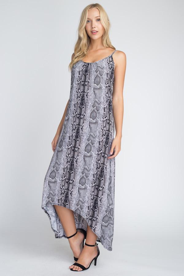 A stylish Women's Snakeskin Print Maxi Tank Dress featuring a trendy snakeskin pattern, flowing fabric, and a comfortable tank top design, perfect for summer outings.