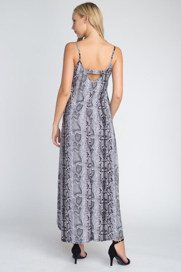 A stylish Women's Snakeskin Print Maxi Tank Dress featuring a trendy snakeskin pattern, flowing fabric, and a comfortable tank top design, perfect for summer outings.