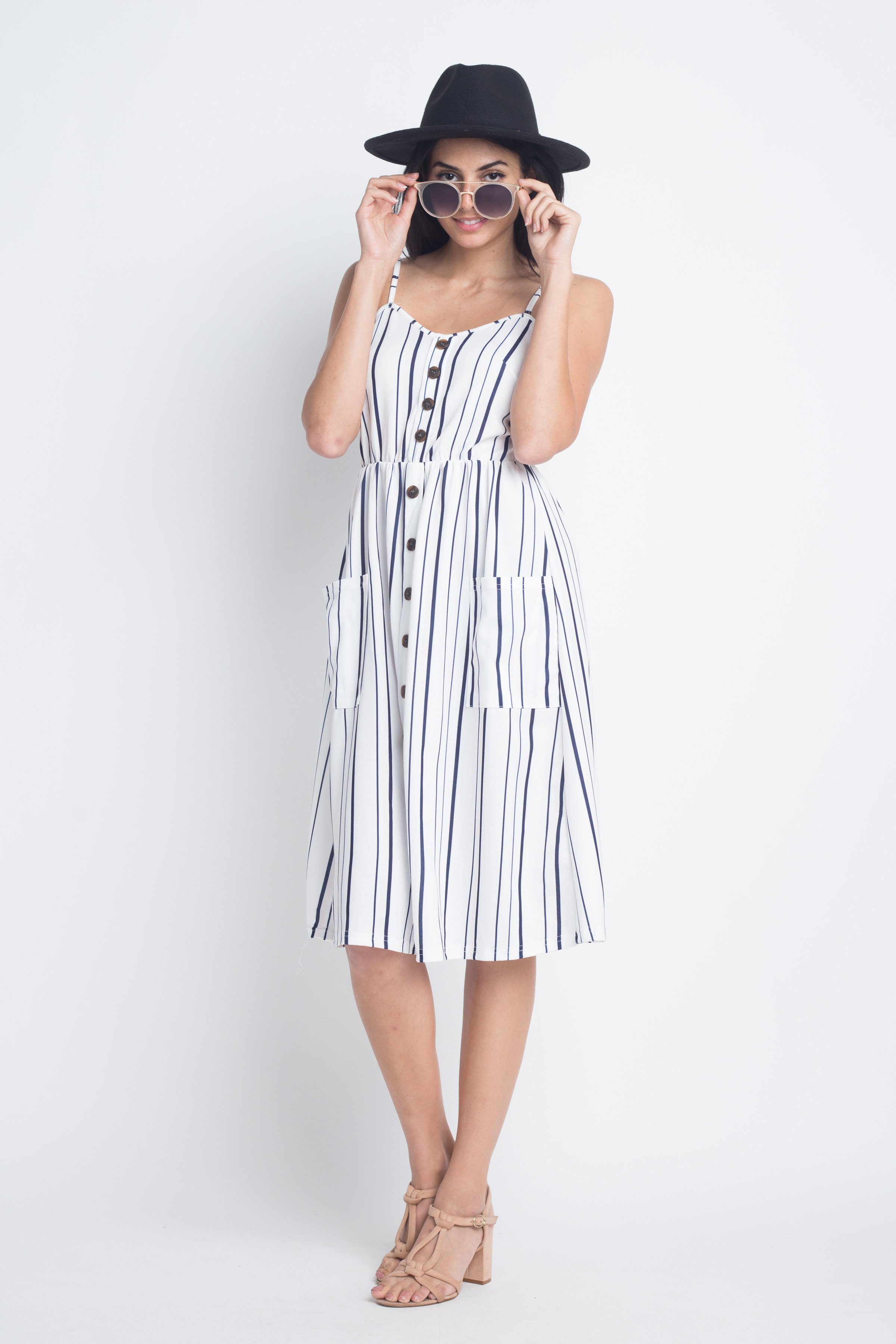 A stylish Women's Striped Button Midi Sleeveless Dress featuring vertical stripes and a button-down front, perfect for summer outings.