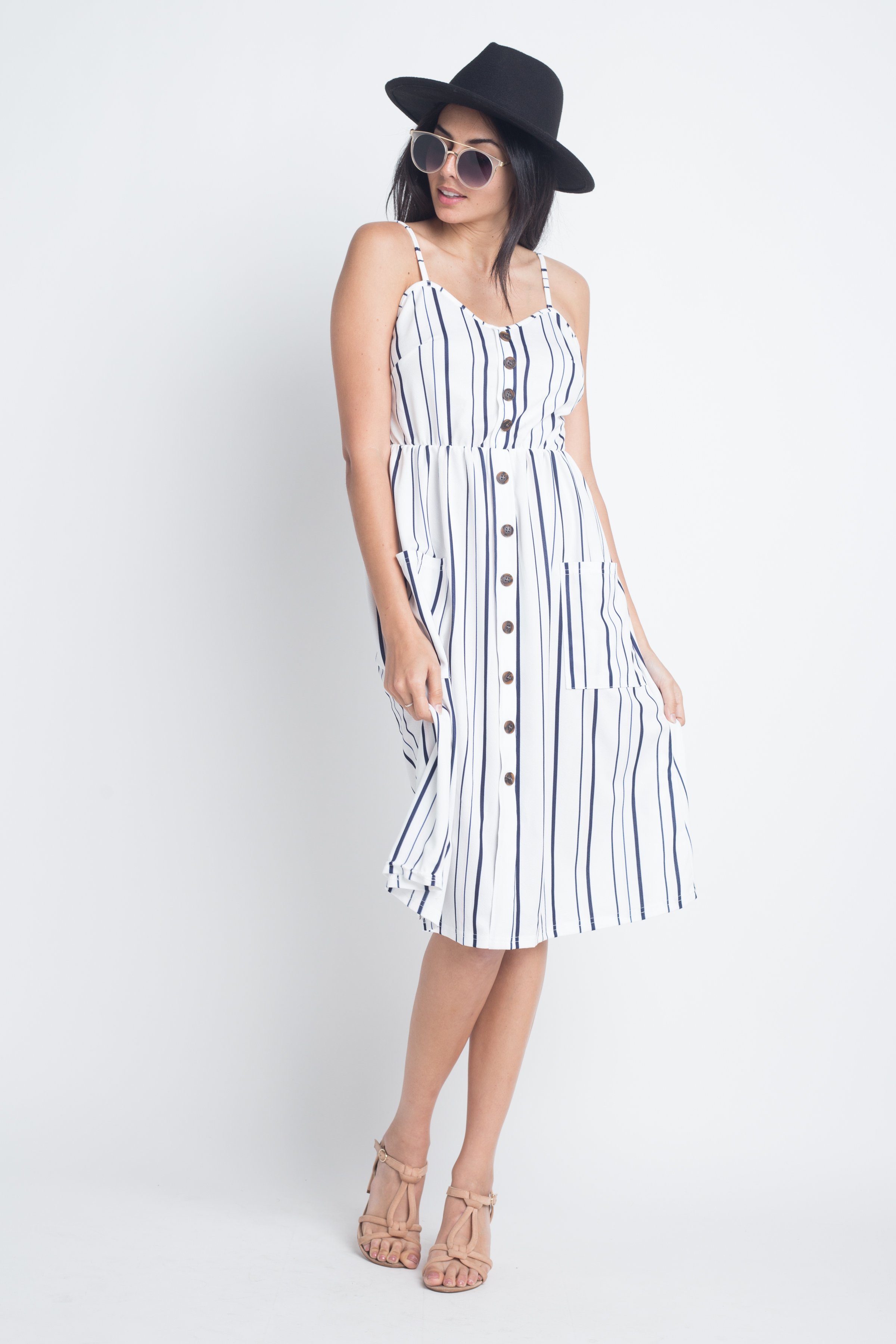 A stylish Women's Striped Button Midi Sleeveless Dress featuring vertical stripes and a button-down front, perfect for summer outings.