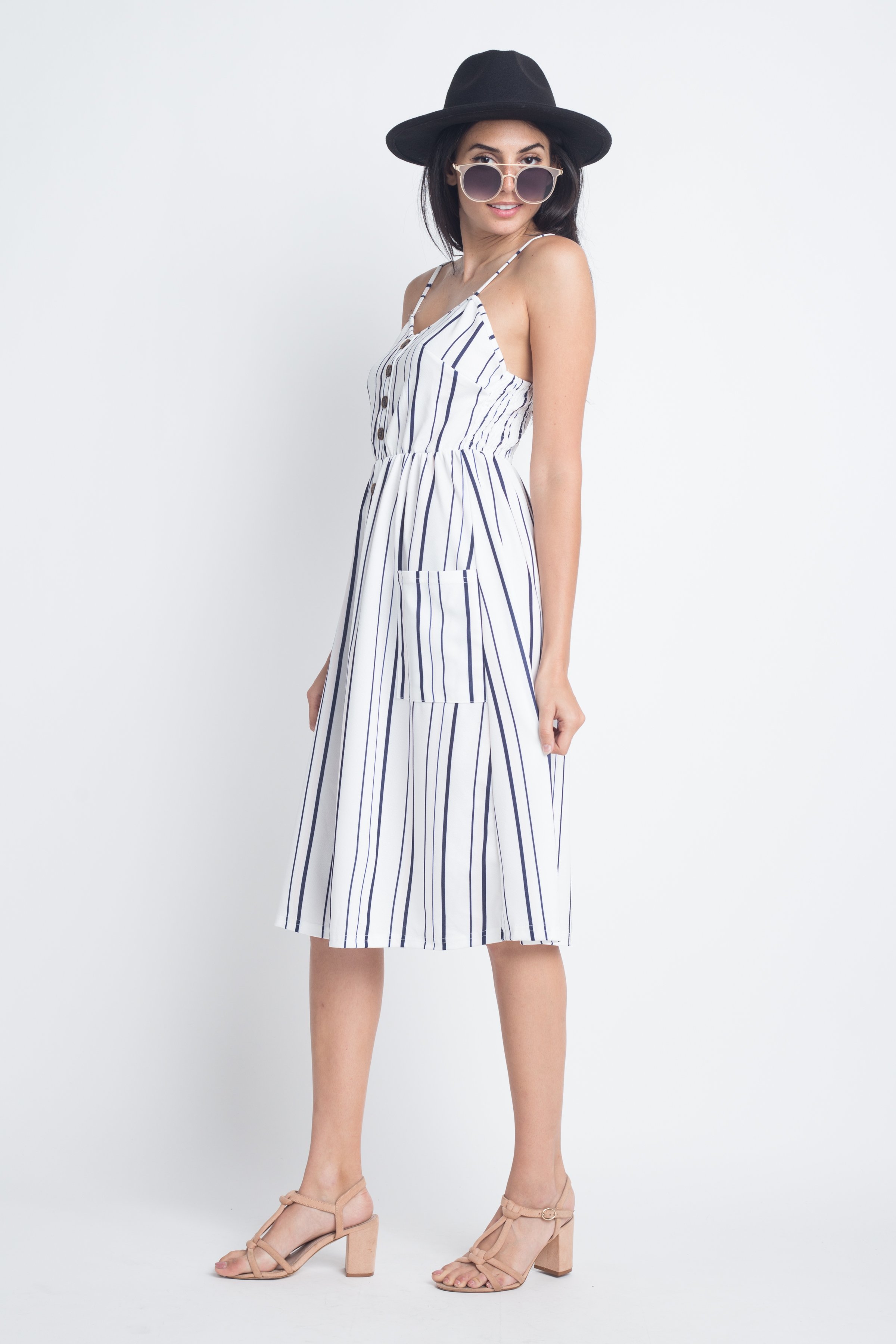 A stylish Women's Striped Button Midi Sleeveless Dress featuring vertical stripes and a button-down front, perfect for summer outings.