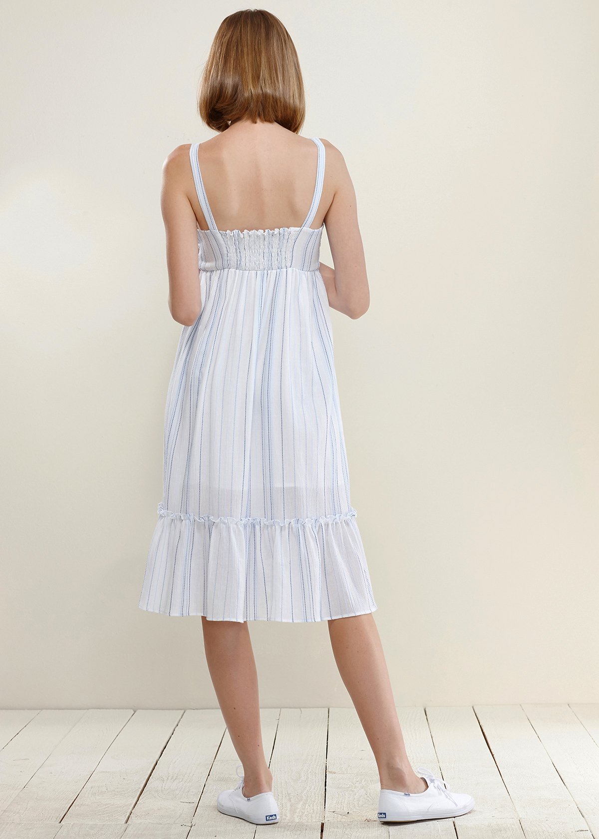 Women's Tie Front Hem Midi Dress in Oceanstripe featuring a smocked bandeau top and ruffle lace trim, perfect for summer outings.