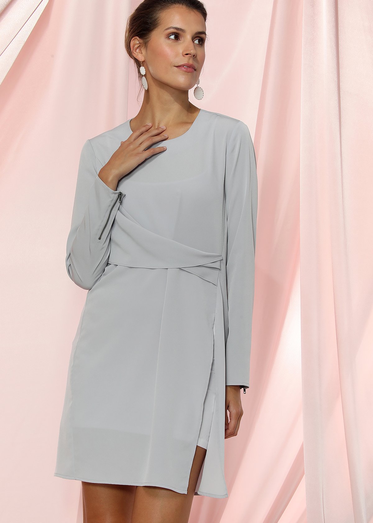 Women's Twist Front Dress in Dove Silver featuring a stylish twist front design and slit hem, perfect for elegant occasions.