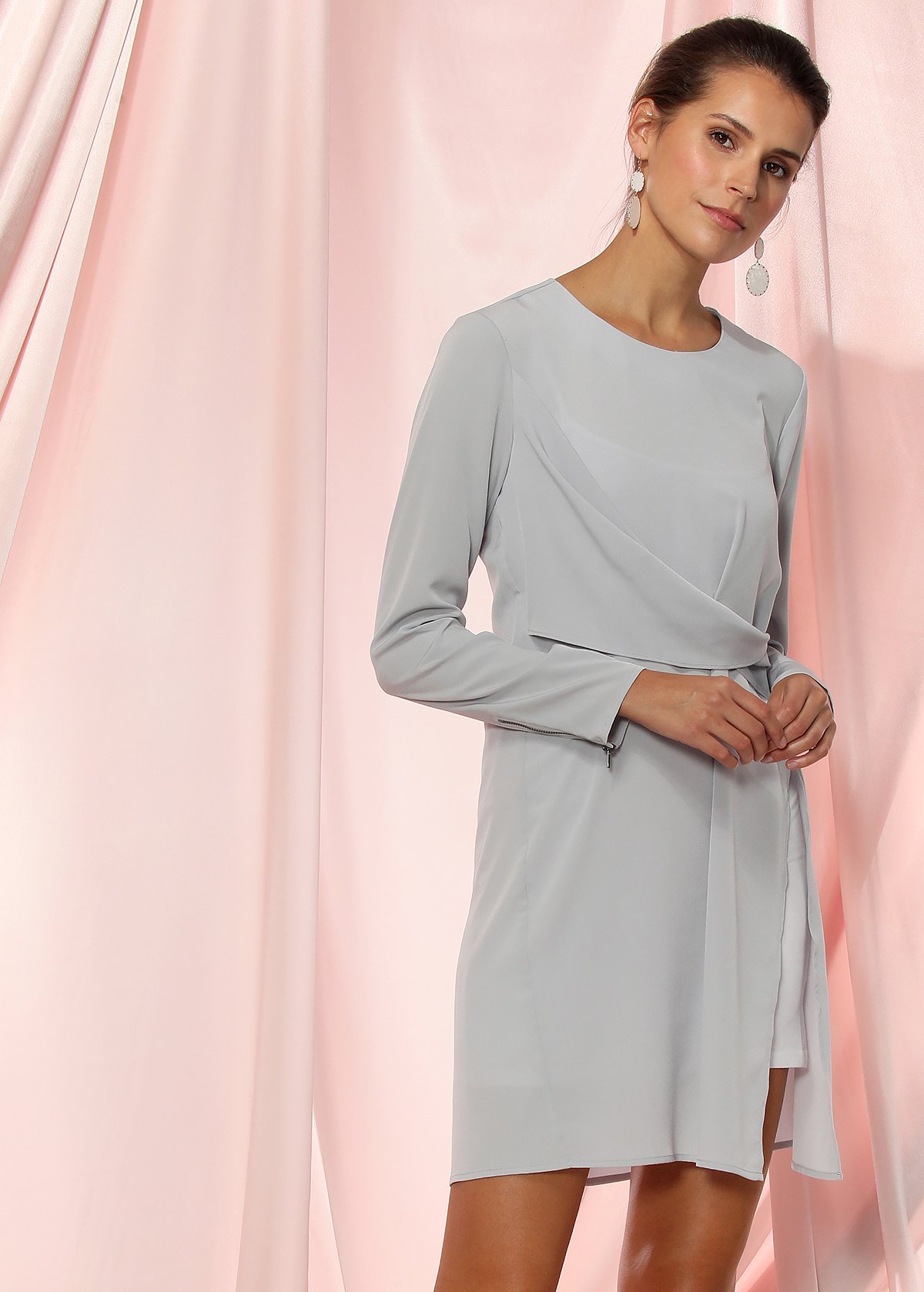 Women's Twist Front Dress in Dove Silver featuring a stylish twist front design and slit hem, perfect for elegant occasions.