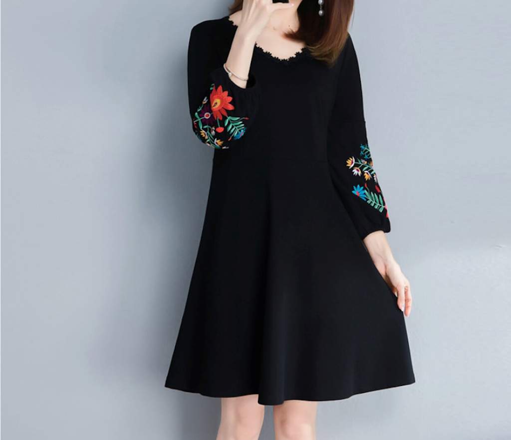 Womens V Neck Dress featuring elegant embroidered sleeves in black, showcasing a stylish and comfortable design.