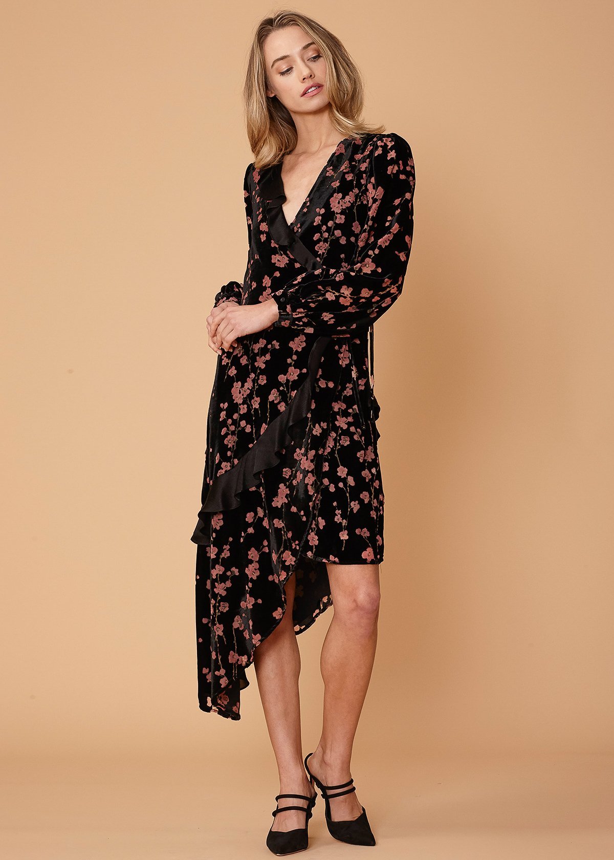 Women's Velvet Asymmetric Wrap Dress featuring a Falling Floral design with a waist tie and asymmetric hem.