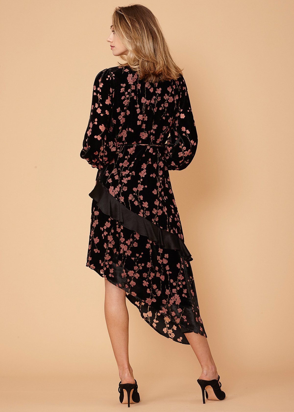 Women's Velvet Asymmetric Wrap Dress featuring a Falling Floral design with a waist tie and asymmetric hem.