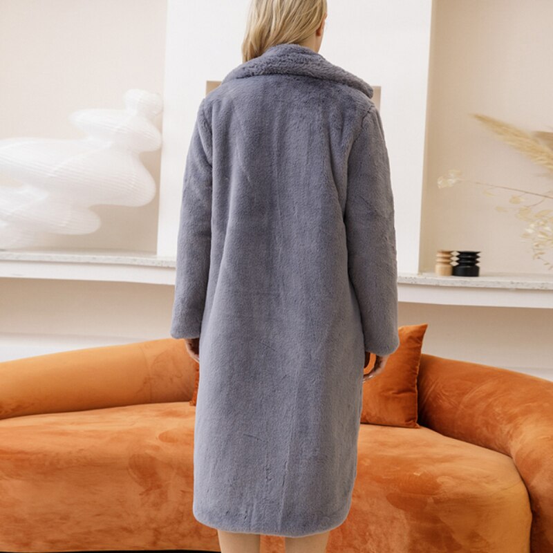 2022 New Female Winter Plush Thick Warm Loose Women Faux Rabbit Fur coat in a stylish design with a turn-down collar and covered button closure.