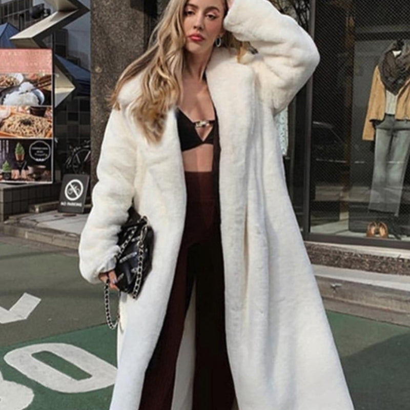 2022 New Female Winter Plush Thick Warm Loose Women Faux Rabbit Fur coat in a stylish design with a turn-down collar and covered button closure.