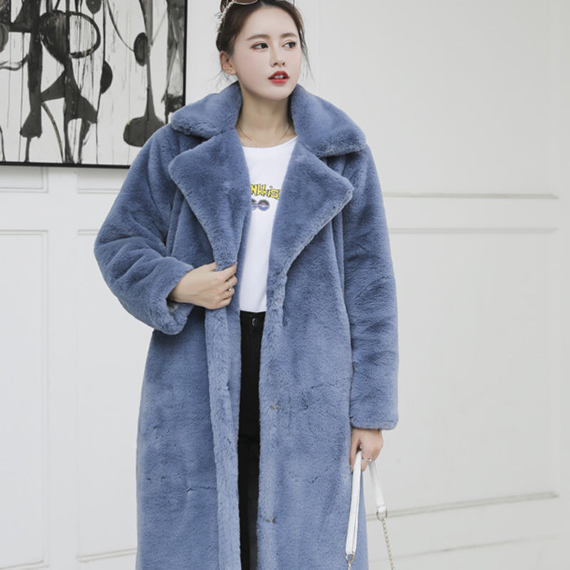 2022 New Female Winter Plush Thick Warm Loose Women Faux Rabbit Fur coat in a stylish design with a turn-down collar and covered button closure.