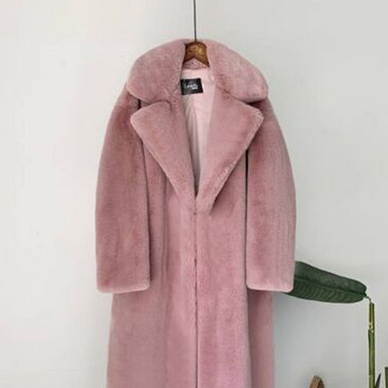 2022 New Female Winter Plush Thick Warm Loose Women Faux Rabbit Fur coat in a stylish design with a turn-down collar and covered button closure.