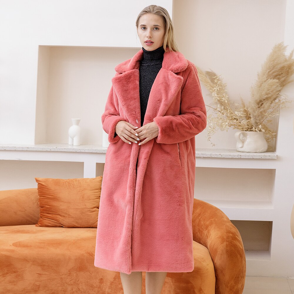 2022 New Female Winter Plush Thick Warm Loose Women Faux Rabbit Fur coat in a stylish design with a turn-down collar and covered button closure.