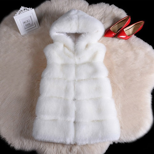 2022 Winter Sleeveless Artificial Fox Fur Coat Gilet in solid color with hood, showcasing luxurious faux fur texture and elegant design.