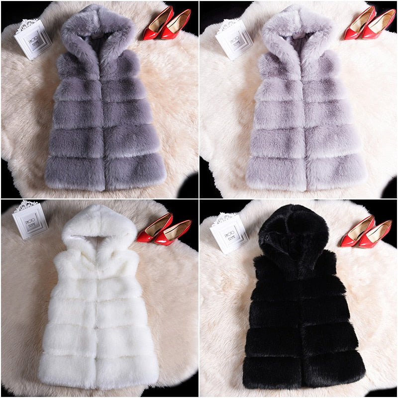 2022 Winter Sleeveless Artificial Fox Fur Coat Gilet in solid color with hood, showcasing luxurious faux fur texture and elegant design.