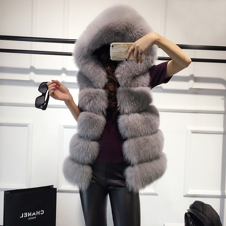 2022 Winter Sleeveless Artificial Fox Fur Coat Gilet in solid color with hood, showcasing luxurious faux fur texture and elegant design.