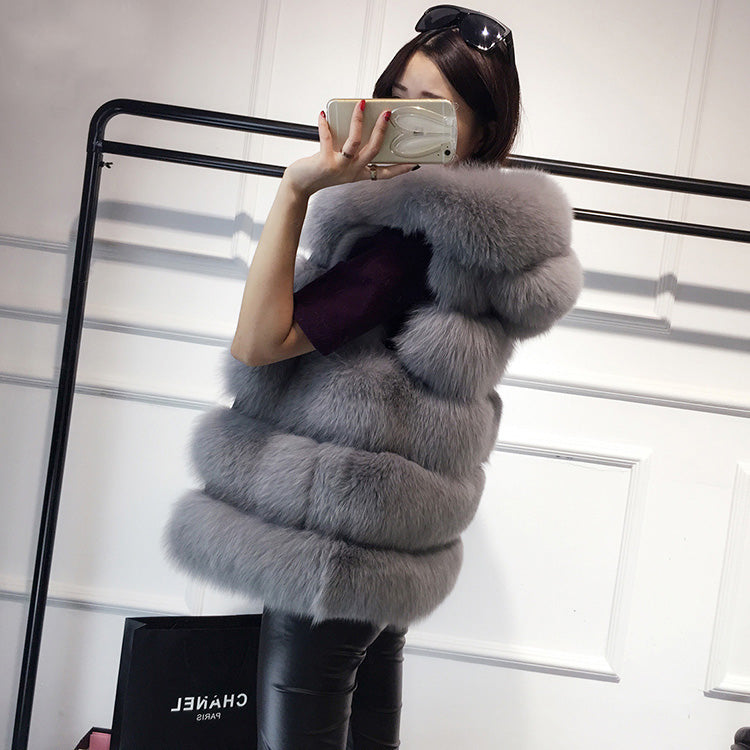 2022 Winter Sleeveless Artificial Fox Fur Coat Gilet in solid color with hood, showcasing luxurious faux fur texture and elegant design.