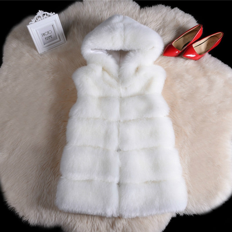 2022 Winter Sleeveless Artificial Fox Fur Coat Gilet in solid color with hood, showcasing luxurious faux fur texture and elegant design.