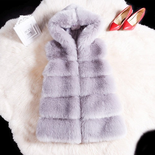 2022 Winter Sleeveless Artificial Fox Fur Coat Gilet in solid color with hood, showcasing luxurious faux fur texture and elegant design.