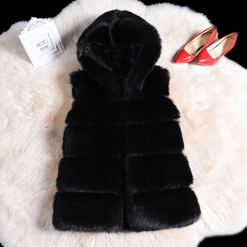 2022 Winter Sleeveless Artificial Fox Fur Coat Gilet in solid color with hood, showcasing luxurious faux fur texture and elegant design.