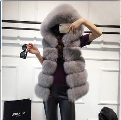 2022 Winter Sleeveless Artificial Fox Fur Coat Gilet in solid color with hood, showcasing luxurious faux fur texture and elegant design.