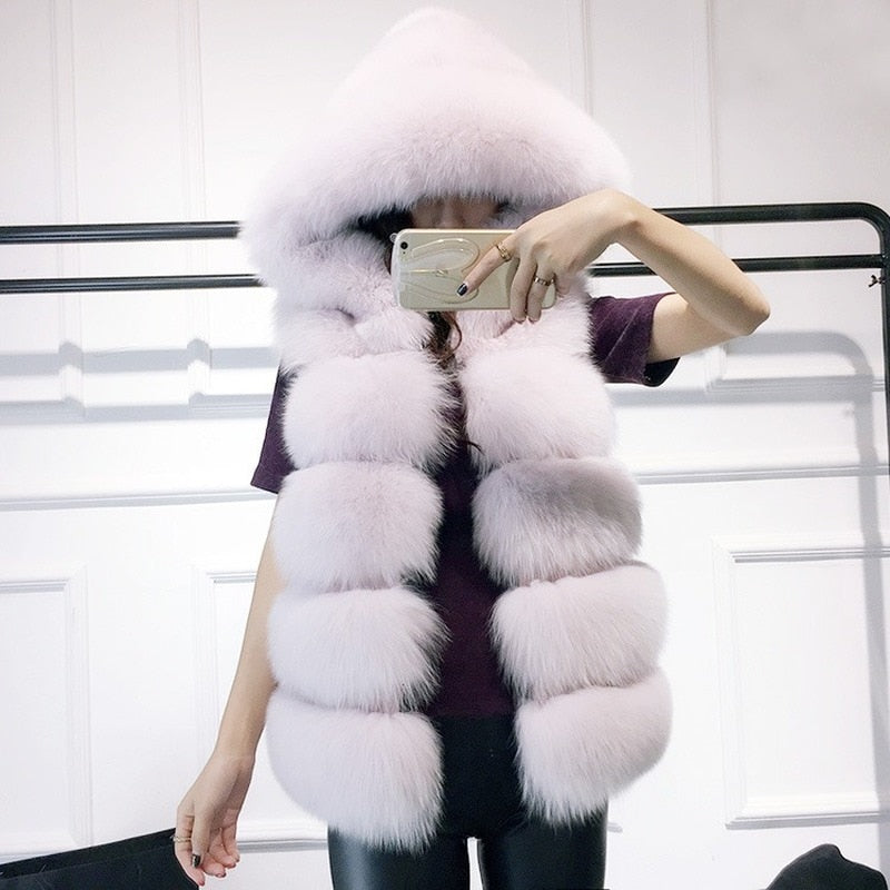 2022 Winter Sleeveless Artificial Fox Fur Coat Gilet in solid color with hood, showcasing luxurious faux fur texture and elegant design.