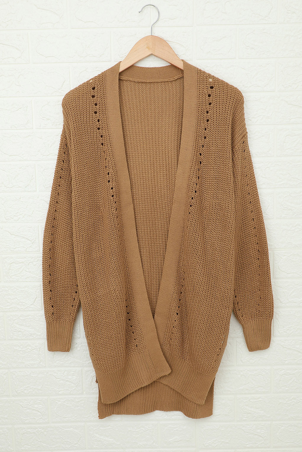 Apricot Drop Sleeve Slits Cable Knit Cardigan featuring a classic cable knit design, open front, and side pockets, perfect for casual layering.