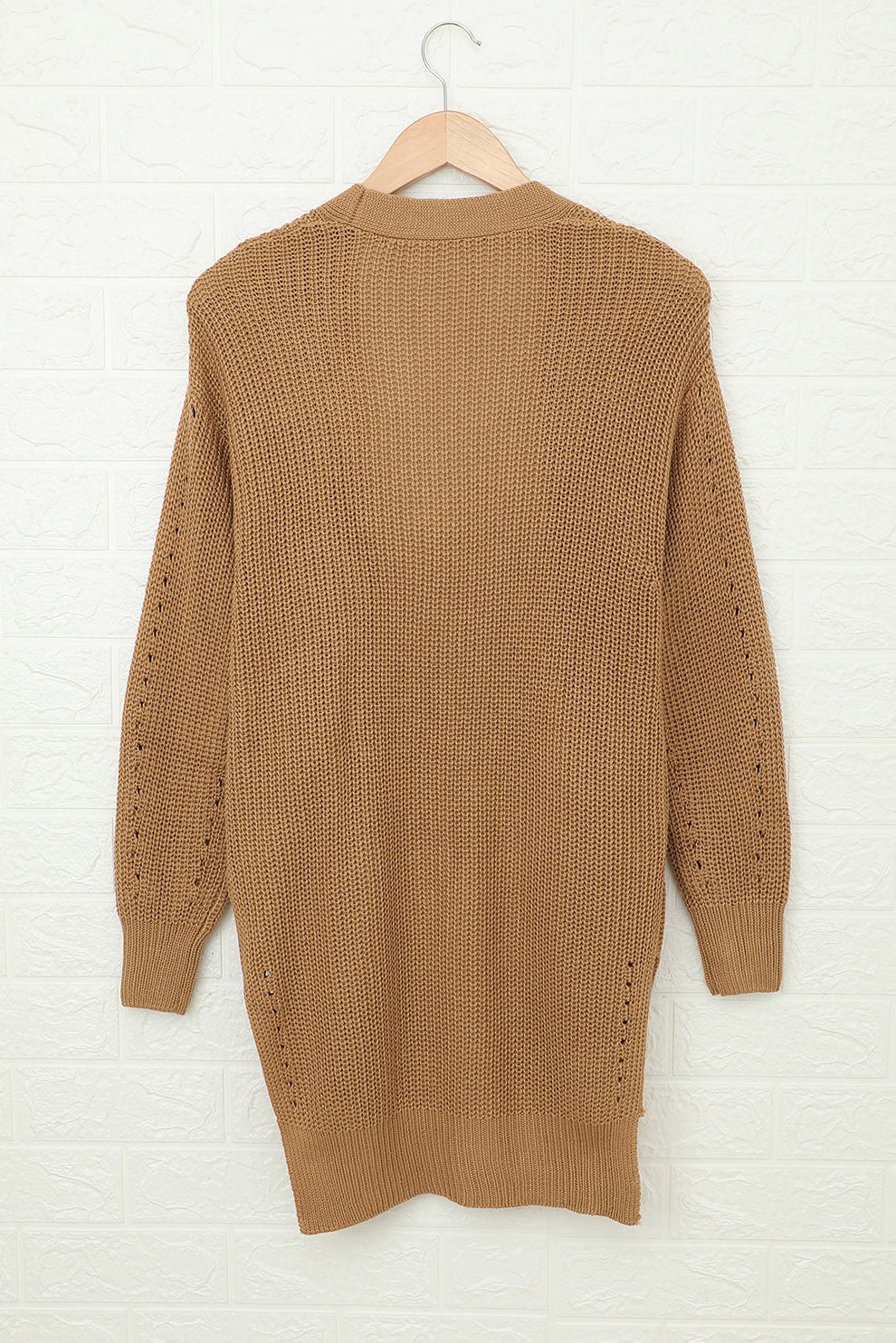 Apricot Drop Sleeve Slits Cable Knit Cardigan featuring a classic cable knit design, open front, and side pockets, perfect for casual layering.