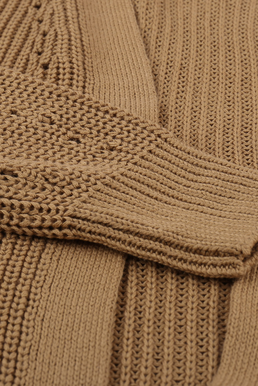 Apricot Drop Sleeve Slits Cable Knit Cardigan featuring a classic cable knit design, open front, and side pockets, perfect for casual layering.