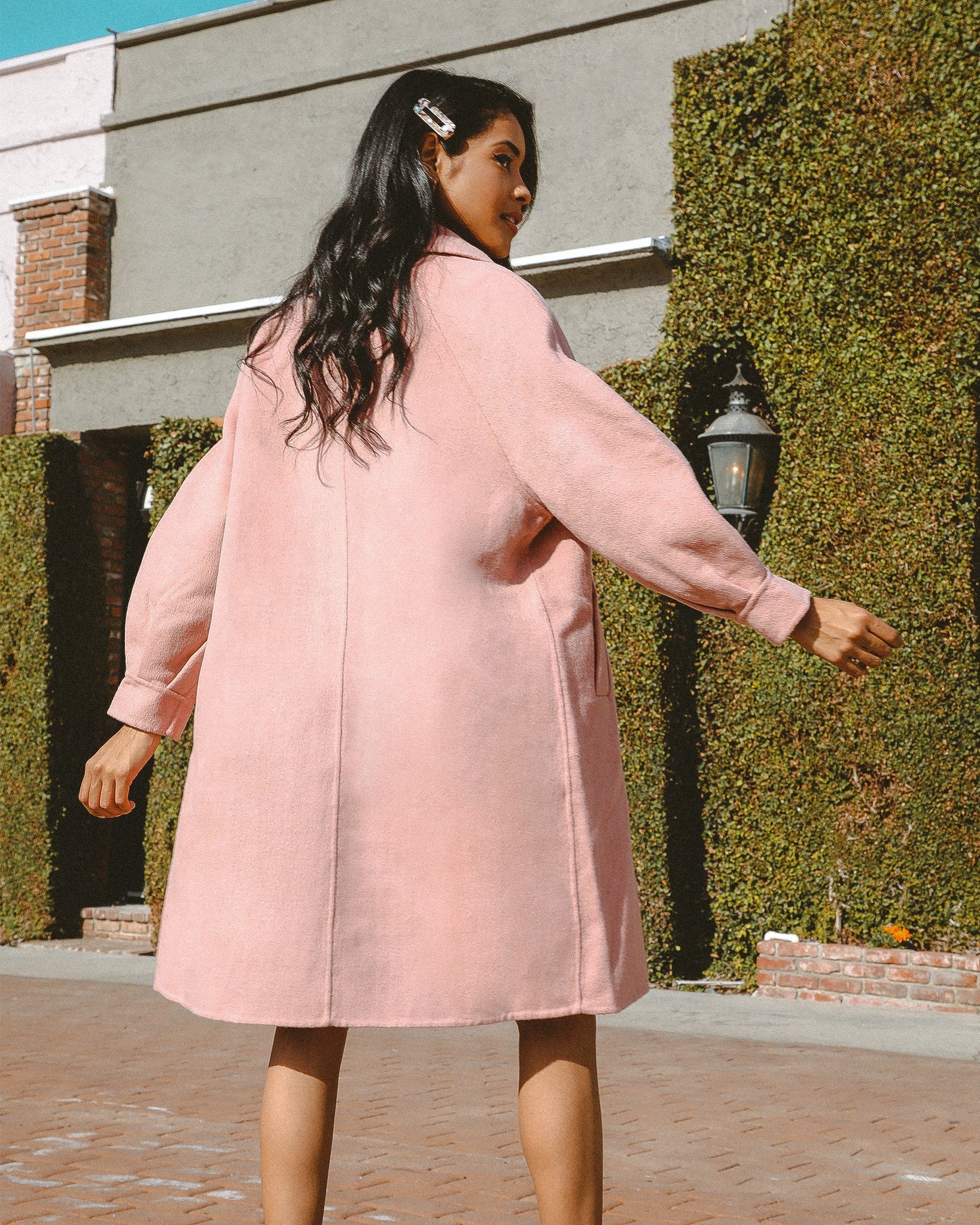 Audrey Balloon Sleeve Wool Coat featuring pearlesque buttons, balloon sleeves, and a high fold-down collar, perfect for cold weather styling.