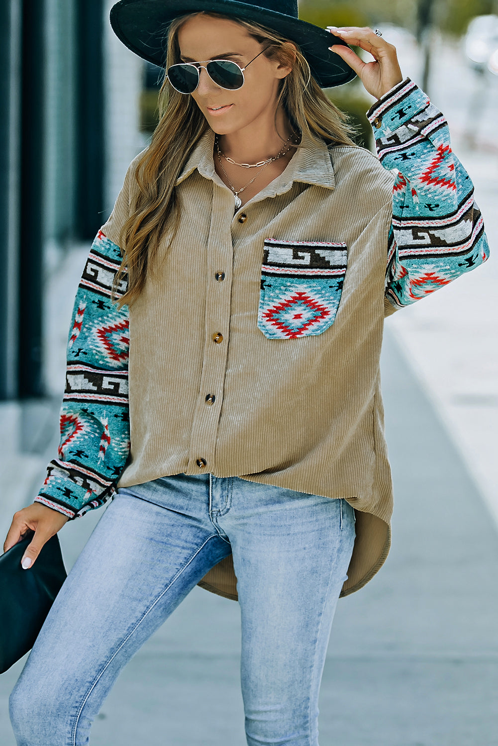 Aztec Pattern Sleeve Khaki Pocketed Corduroy Shacket featuring a stylish design with a collar, long sleeves, and a bust pocket.