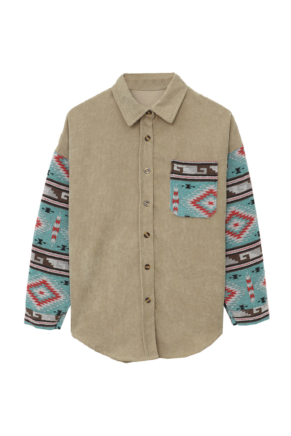 Aztec Pattern Sleeve Khaki Pocketed Corduroy Shacket featuring a stylish design with a collar, long sleeves, and a bust pocket.