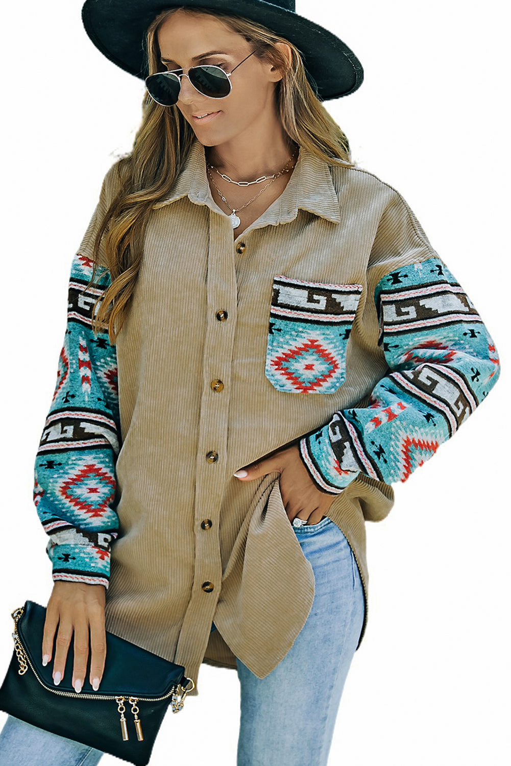 Aztec Pattern Sleeve Khaki Pocketed Corduroy Shacket featuring a stylish design with a collar, long sleeves, and a bust pocket.