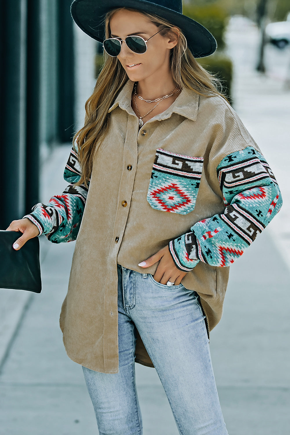 Aztec Pattern Sleeve Khaki Pocketed Corduroy Shacket featuring a stylish design with a collar, long sleeves, and a bust pocket.