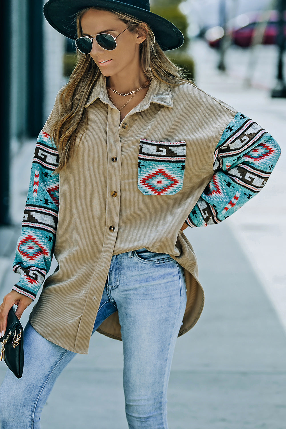 Aztec Pattern Sleeve Khaki Pocketed Corduroy Shacket featuring a stylish design with a collar, long sleeves, and a bust pocket.