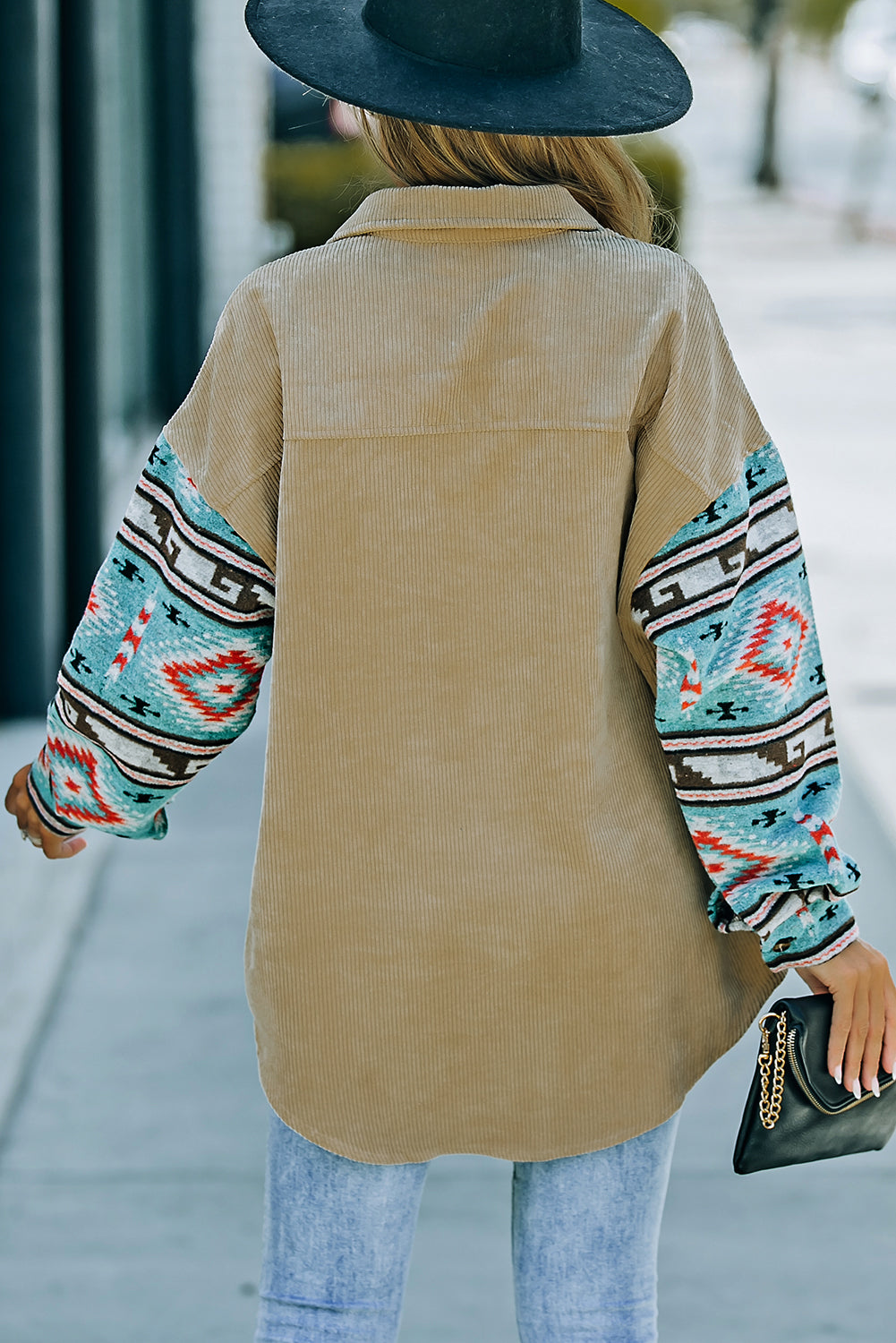 Aztec Pattern Sleeve Khaki Pocketed Corduroy Shacket featuring a stylish design with a collar, long sleeves, and a bust pocket.